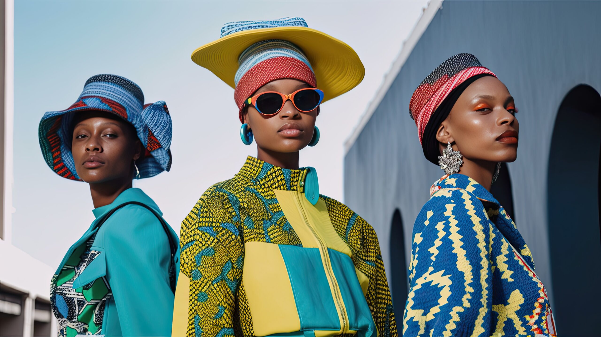 fashion editorial illustration, african people in colorful outfits, african fashion